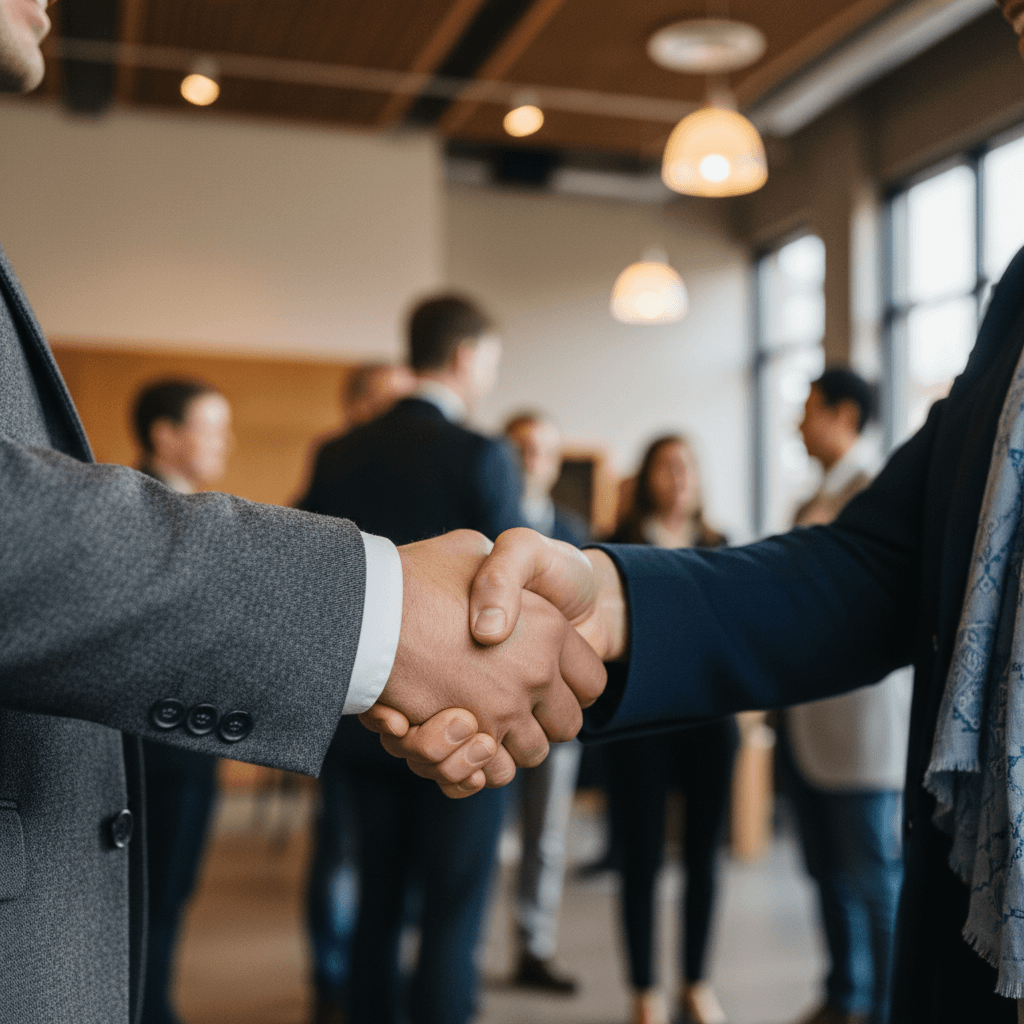 handshake between two people in a residential living room setting