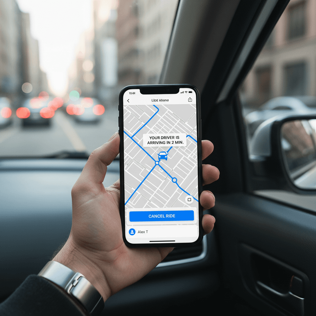 Close up of a smartphone screen showing a rideshare app interface with a map and driver details